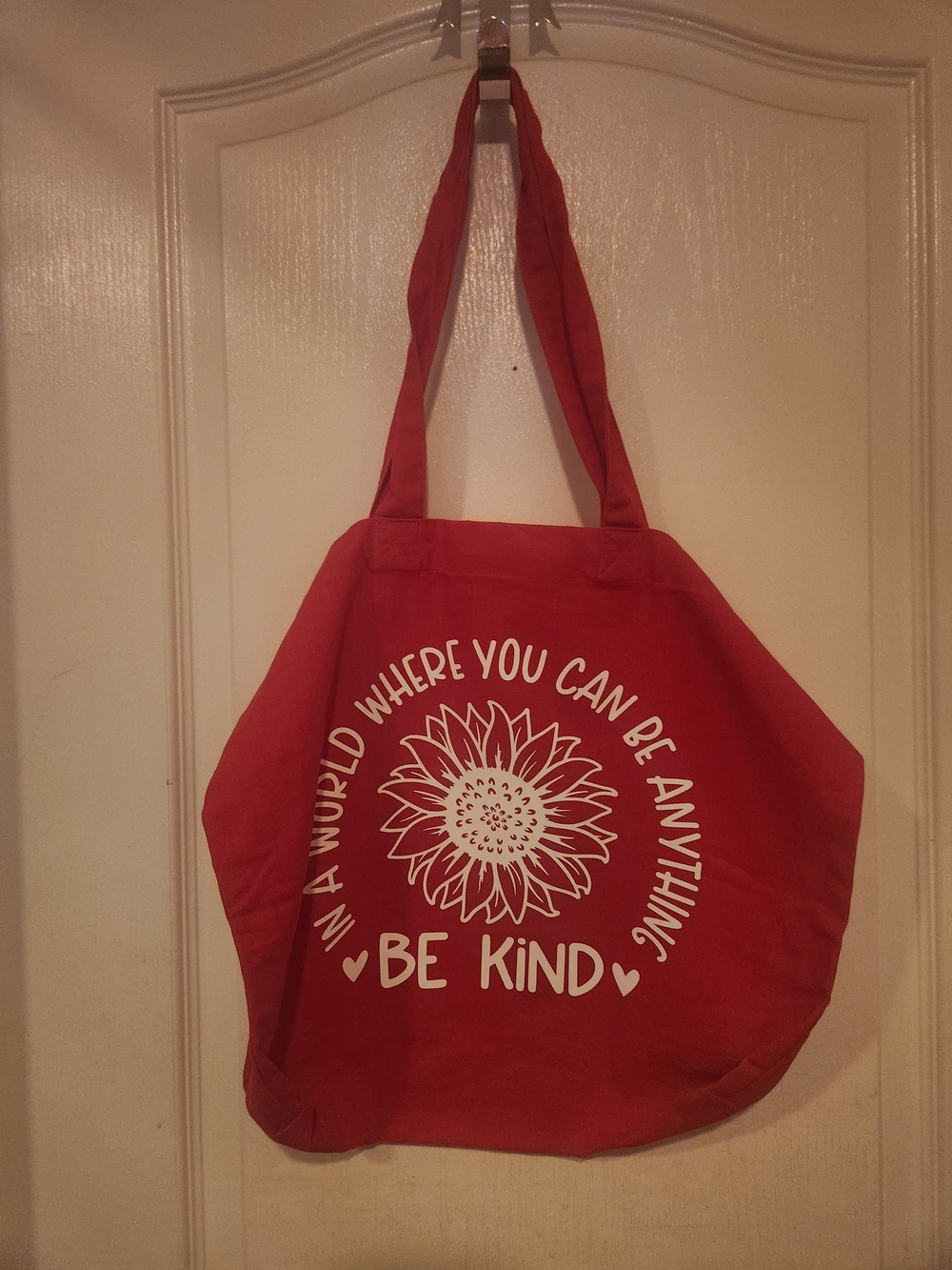 Bright Red Canvas Tote Bag with Sunflower 'Be Kind' Graphic